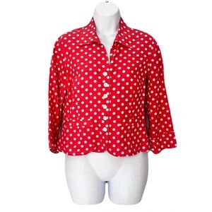 Vintage Talbots Red and White 100% Linen Polka Dot Button Down Blouse, Size 4P